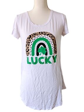 Scarlett White Tee with Green 'Lucky' Rainbow and Leopard Accent